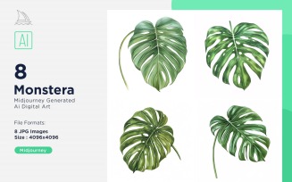 Monstera Plant Leaves Watercolor 8 Set