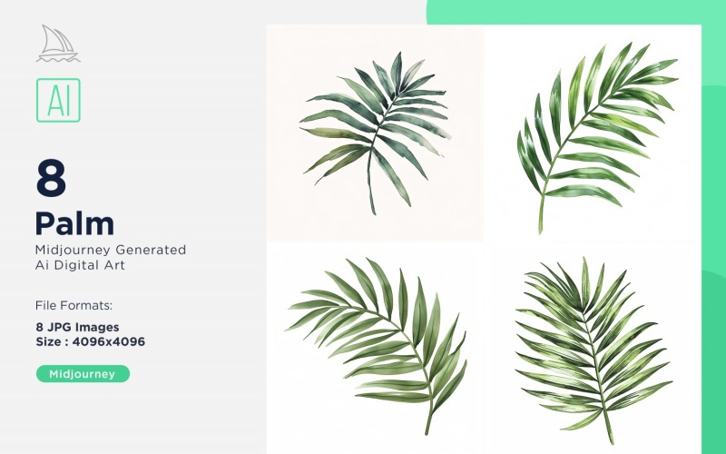 Palm Plant Leaves Watercolor 8 Set Illustration