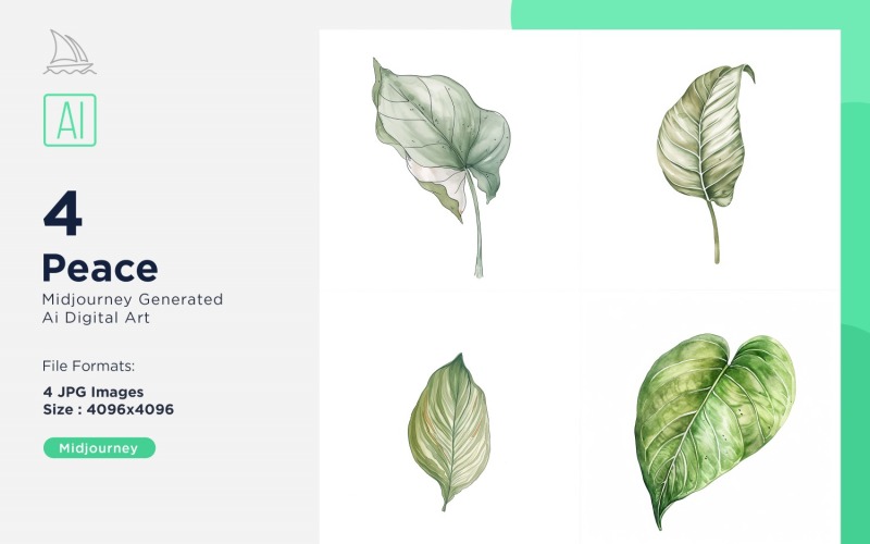 Peace Plant Leaves Watercolor 4 Set Illustration