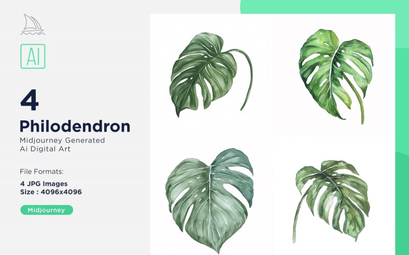 Philodendron Plant Leaves Watercolor 4 Set Illustration