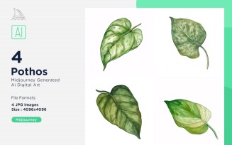 Pothos Plant Leaves Watercolor 4 Set