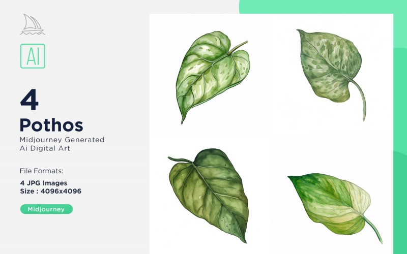 Pothos Plant Leaves Watercolor 4 Set Illustration