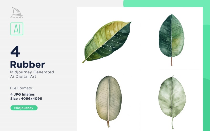 Rubber Plant Leaves Watercolor 4 Set Illustration