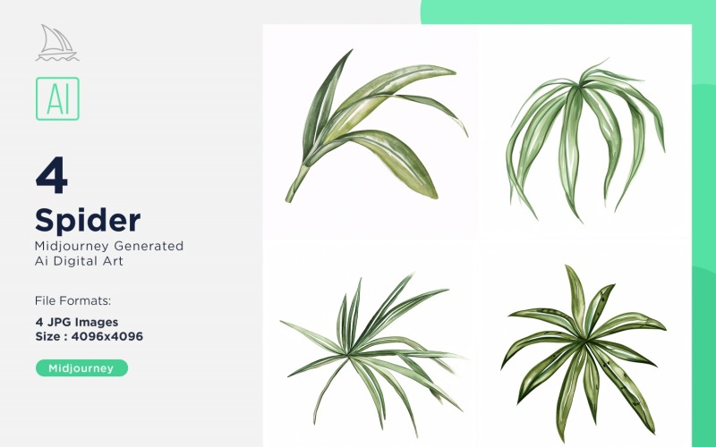 Spider Plant Leaves Watercolor 4 Set Illustration