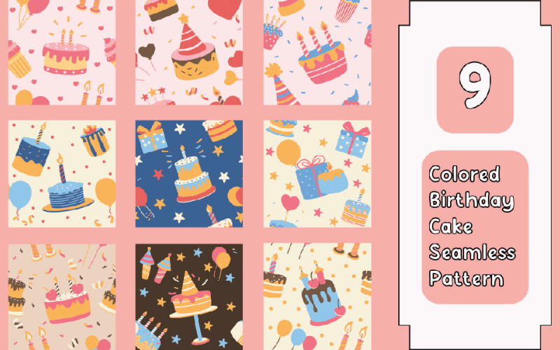 9 Cute Colored Birthday Cake Seamless Pattern Decoration Illustration