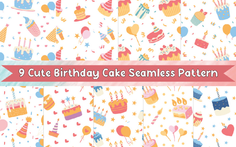 9 Cute Colored Birthday Cake Seamless Pattern Illustration