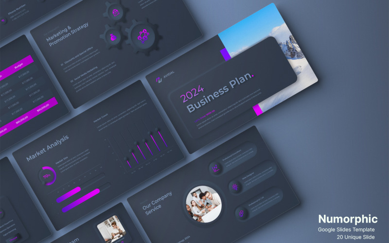 Neumorphic Business Plan Google Slides Presentation Template dark