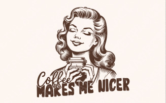 Coffee Makes Me Nicer PNG, Snarky Sarcastic Adult Humor, Trendy Womens Retro, Tired Pig, Funny Tee