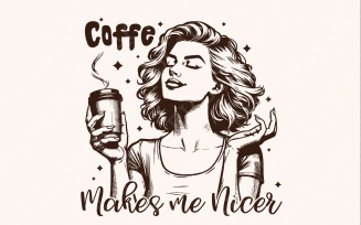 Coffee Makes Me Nicer PNG, Snarky Sarcastic Adult Humor, Trendy Womens Retro, Tired Pig, Funny