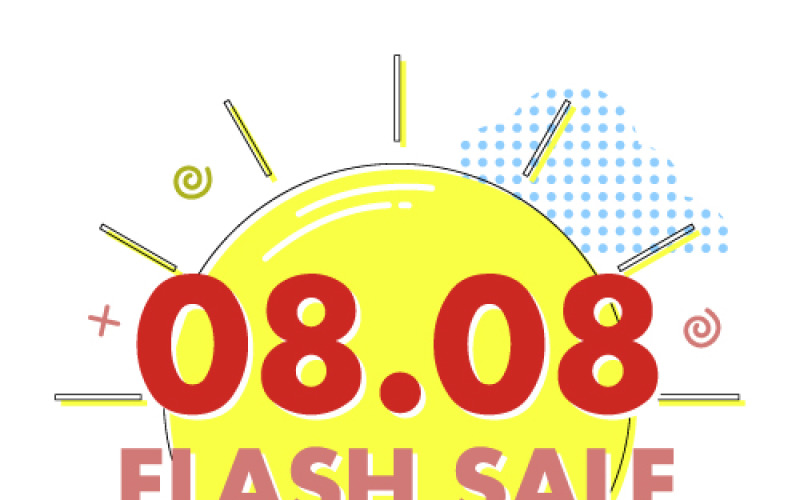 Flash sale sticker with sun for the 08.08 date in Memphis style Vector Graphic