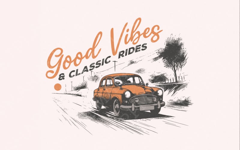 Good Vibes & Classic Rides PNG, Vintage Retro Car Vacation, Summer Graphic Trendy T-shirt Illustration