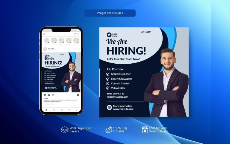 PSD Banner Template: Hiring Job Vacancy Post Blue Social Media