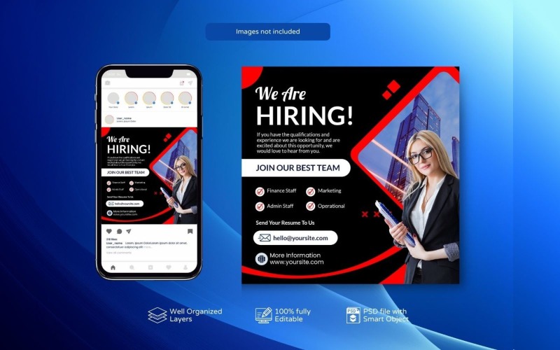 PSD Banner Template: Hiring Job Vacancy Post Red Social Media