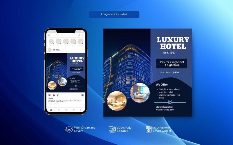 Book Now: Hotel Resort Promotional PSD Template Blue Social Media