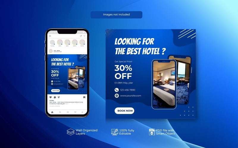 Elegant Blue Hotel Marketing PSD Template Social Media