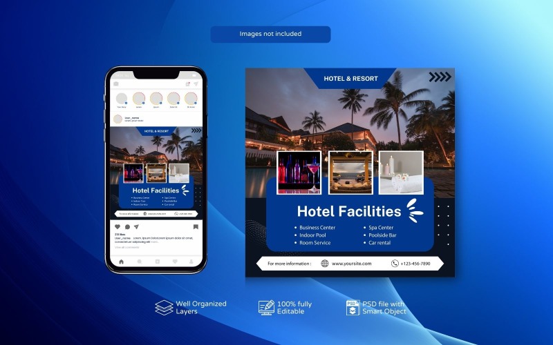 Elegant Hotel Marketing PSD Blue Template Social Media