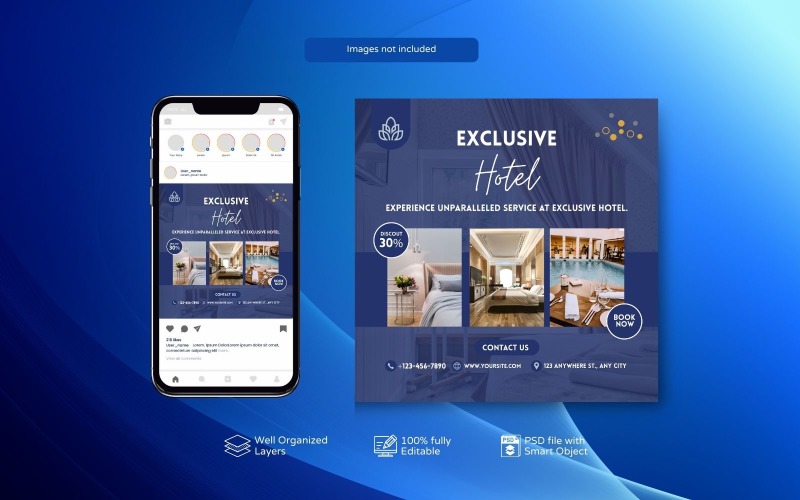 Hotel Business Instagram Post Template Blue Social Media