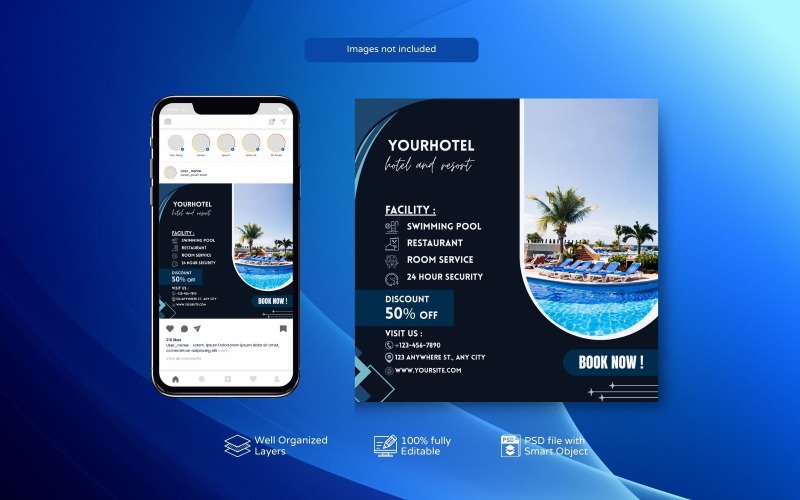 Hotel Business Instagram Post Template Dark Blue Social Media