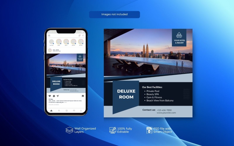 Hotel Marketing PSD Template: Book Now Blue Social Media
