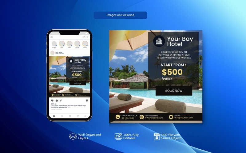 Minimal Hotel Marketing PSD Template: Book Social Media