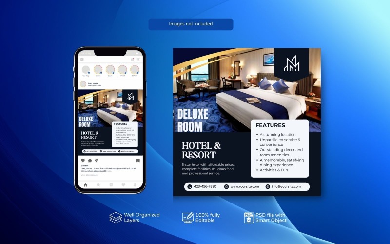 Royal Blue Elegant Hotel Marketing PSD Template Social Media