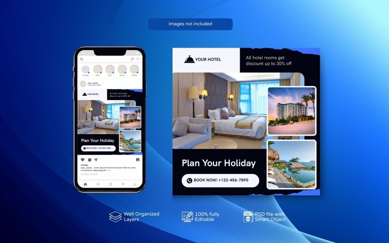 Social Media Post Template for Hotels or Resort Black