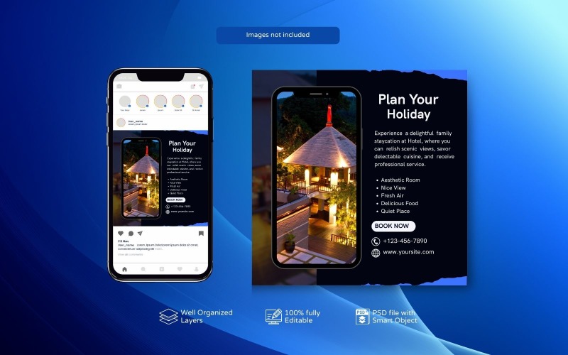 Social Media Post Template for Hotels or Resort Business Blue