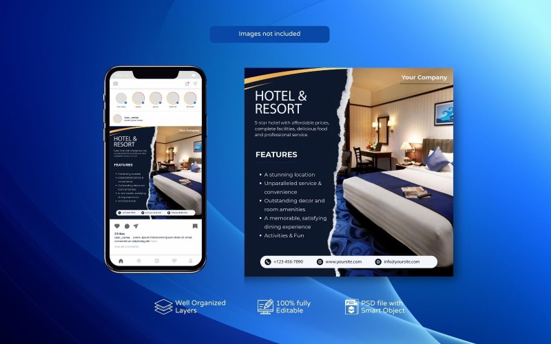 Social Media Post Template for Hotels or Resort Torn Desing