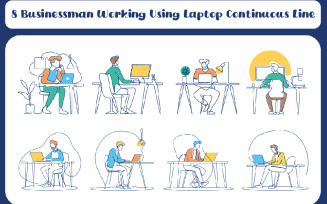 8 Businessman Working Using Laptop Continuous Line