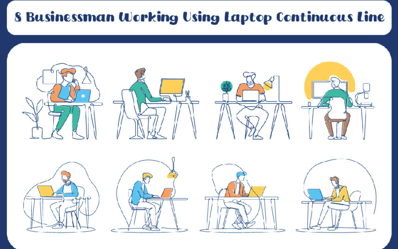 8 Businessman Working Using Laptop Continuous Line Illustration