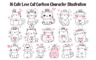 16 Cute Love Cat Cartoon Character Illustration