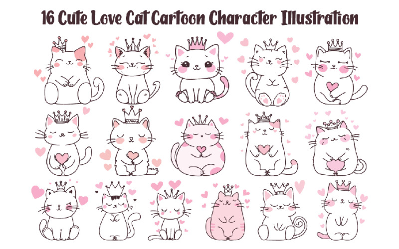 16 Cute Love Cat Cartoon Character Illustration