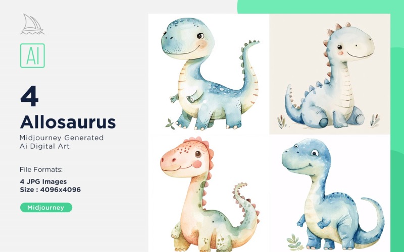 Allosaurus Watercolor Dinosaur Cartoon Character 4_Set Illustration