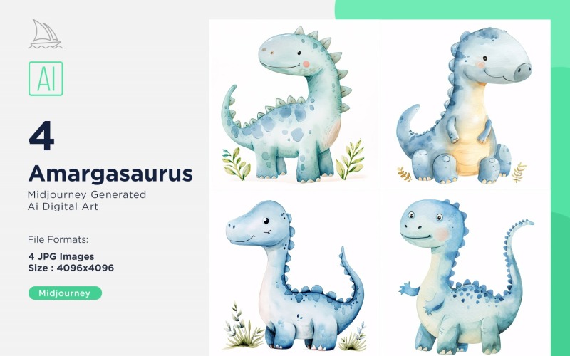 Amargasaurus Watercolor Dinosaur Cartoon Character 4_Set Illustration