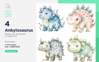 Ankylosaurus Watercolor Dinosaur Cartoon Character 4_Set