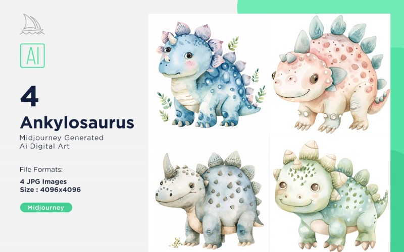 Ankylosaurus Watercolor Dinosaur Cartoon Character 4_Set Illustration