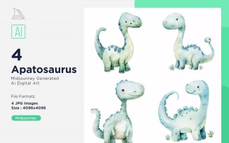 Apatosaurus Watercolor Dinosaur Cartoon Character 4_Set