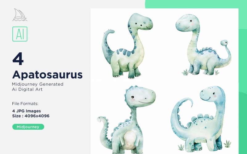 Apatosaurus Watercolor Dinosaur Cartoon Character 4_Set Illustration