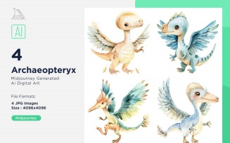 Archaeopteryx Watercolor Dinosaur Cartoon Character 4_Set