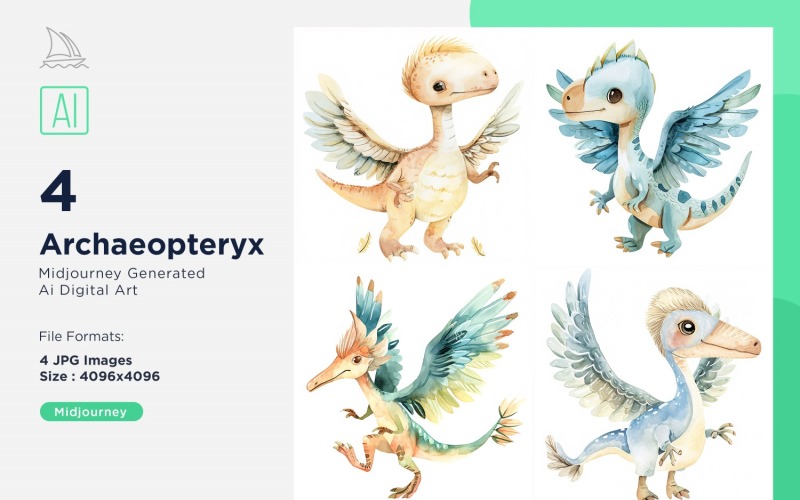 Archaeopteryx Watercolor Dinosaur Cartoon Character 4_Set Illustration