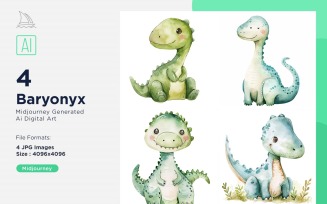 Baryonyx Watercolor Dinosaur Cartoon Character 4_Set