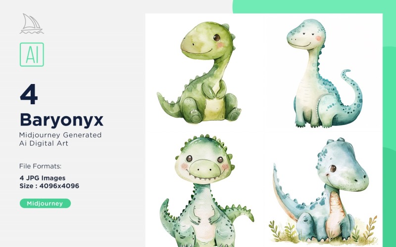 Baryonyx Watercolor Dinosaur Cartoon Character 4_Set Illustration