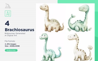 Brachiosaurus Watercolor Dinosaur Cartoon Character 4_Set