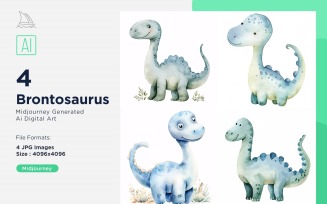Brontosaurus Watercolor Dinosaur Cartoon Character 4_Set