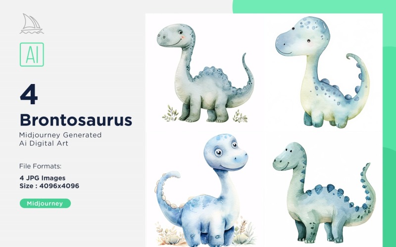 Brontosaurus Watercolor Dinosaur Cartoon Character 4_Set Illustration