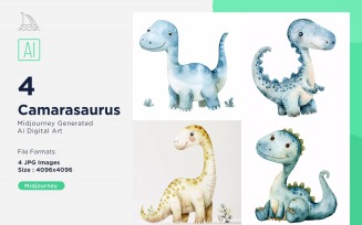 Camarasaurus Watercolor Dinosaur Cartoon Character 4_Set