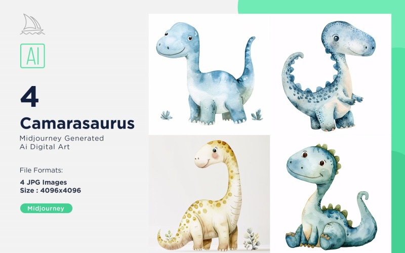 Camarasaurus Watercolor Dinosaur Cartoon Character 4_Set Illustration