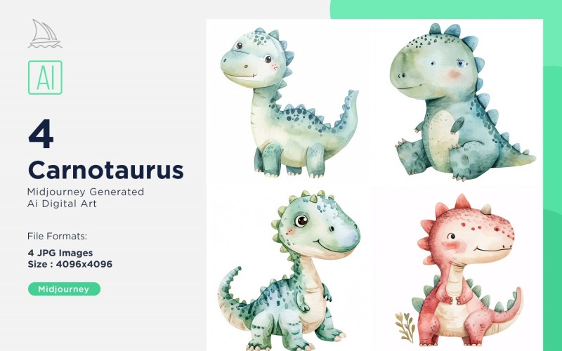 Carnotaurus Watercolor Dinosaur Cartoon Character 4_Set Illustration