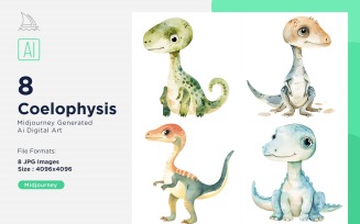 Coelophysis Watercolor Dinosaur Cartoon Character 4_Set