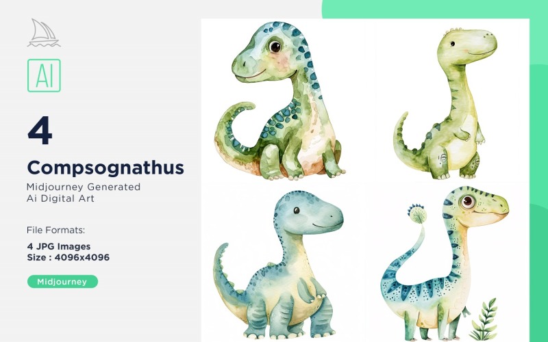 Compsognathus Watercolor Dinosaur Cartoon Character 4_Set Illustration